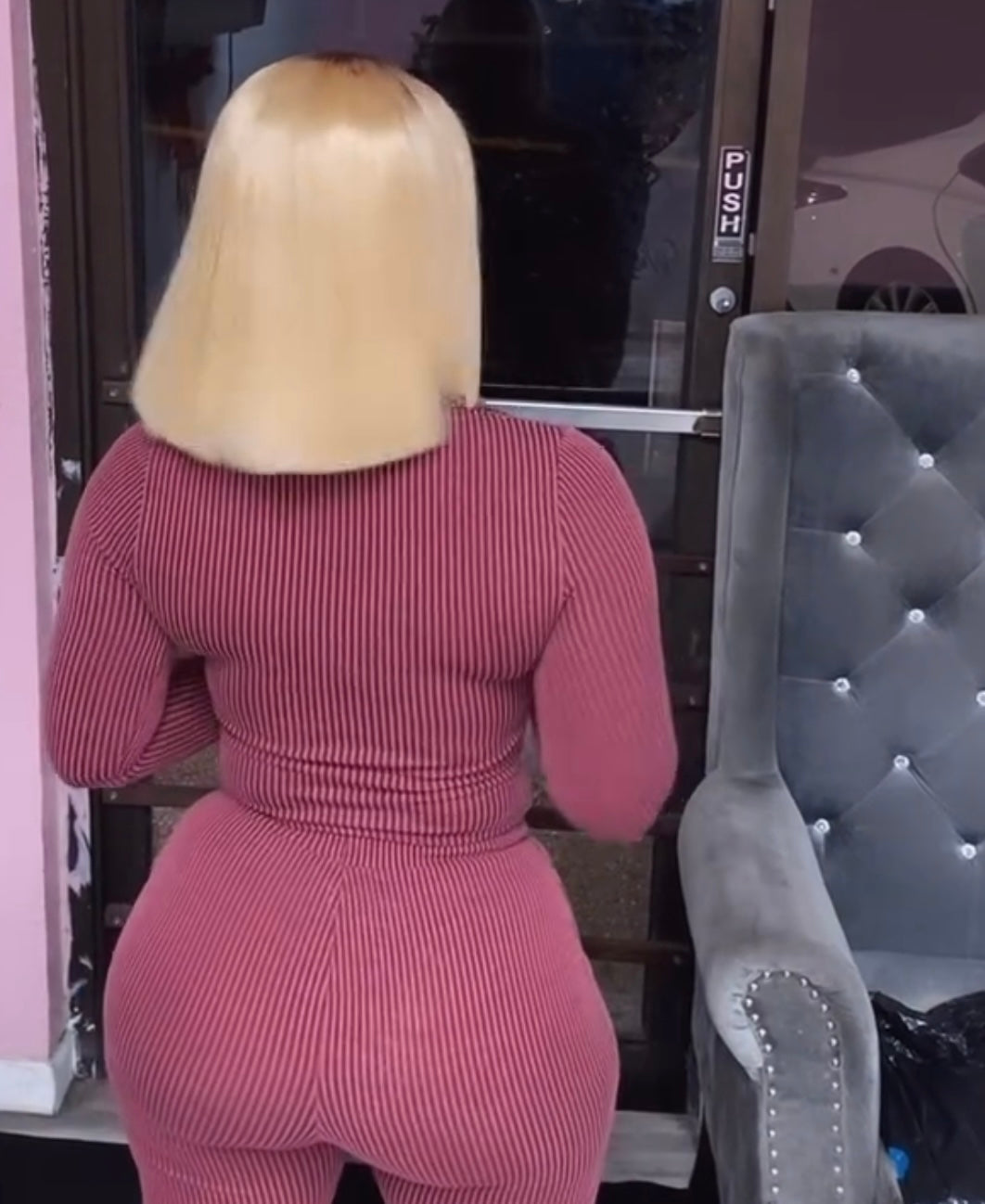 Blonde bob with custom chestnut roots